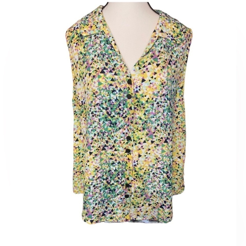 ANTHROPOLOGIE W5 Multi-Color Geometric Sleeveless Button-Up Blouse Top Size L